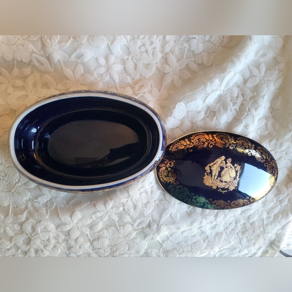 Vintage Limoges France 22-Karat Gold Trinket Box in Cobalt‎ Blue Pre 1930 Signed - Picture 2 of 14
